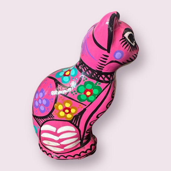 Vintage Hand Painted Ceramic Mexican Folk Art Talavera Cat Figurine Piggy Bank - Picture 13 of 15